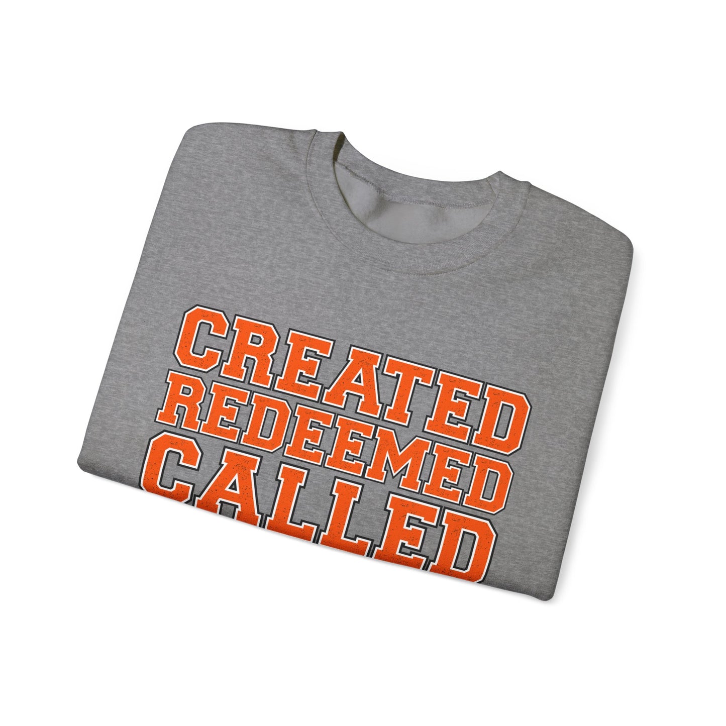 Varsity Created, Redeemed, Called (Orange) Crewneck Sweatshirt