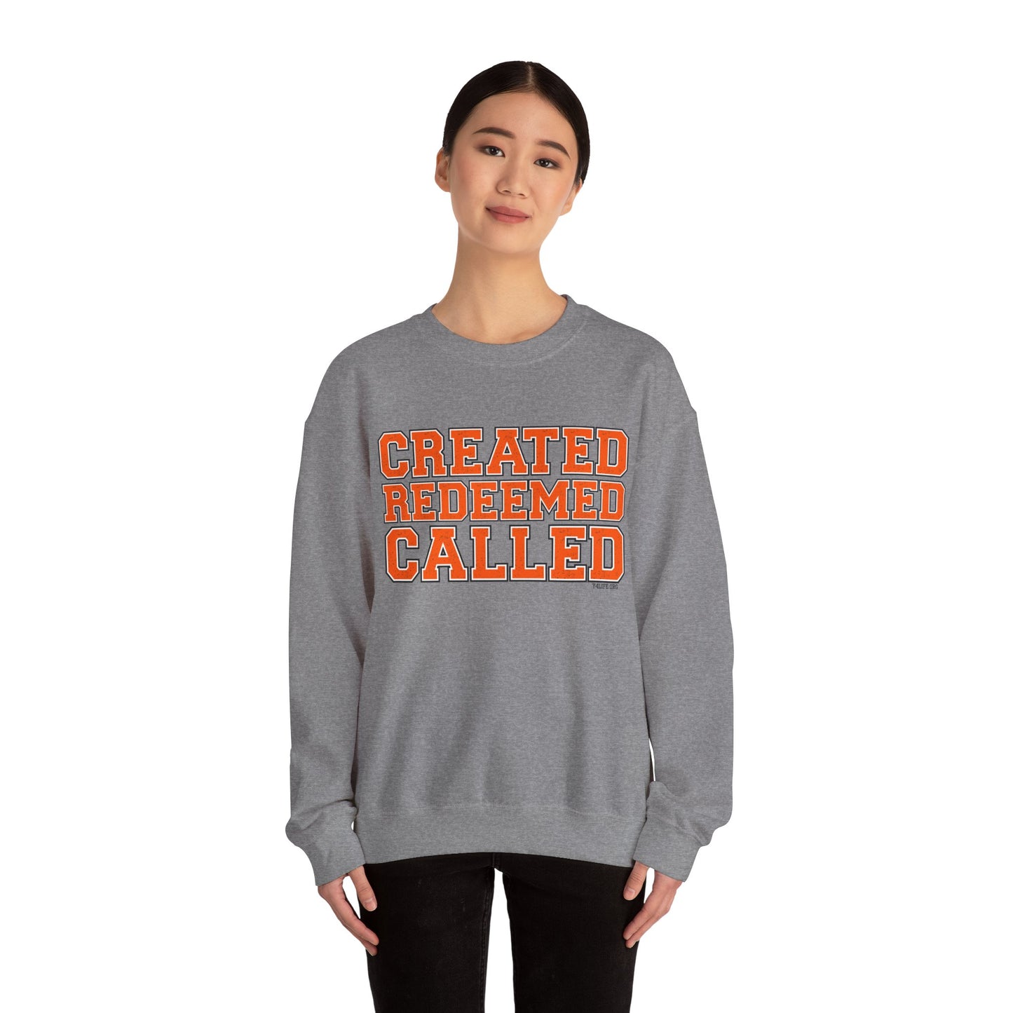 Varsity Created, Redeemed, Called (Orange) Crewneck Sweatshirt