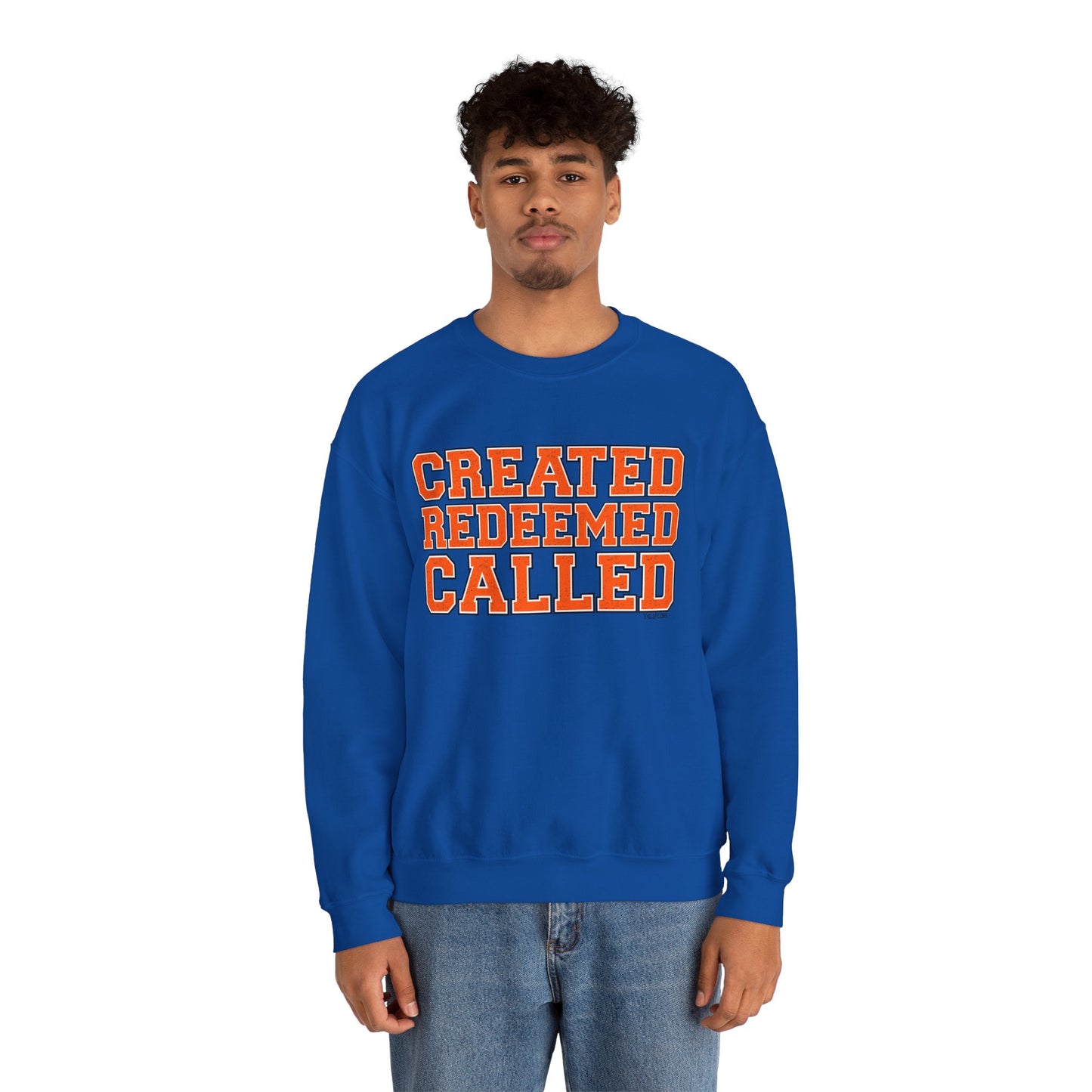 Varsity Created, Redeemed, Called (Orange) Crewneck Sweatshirt