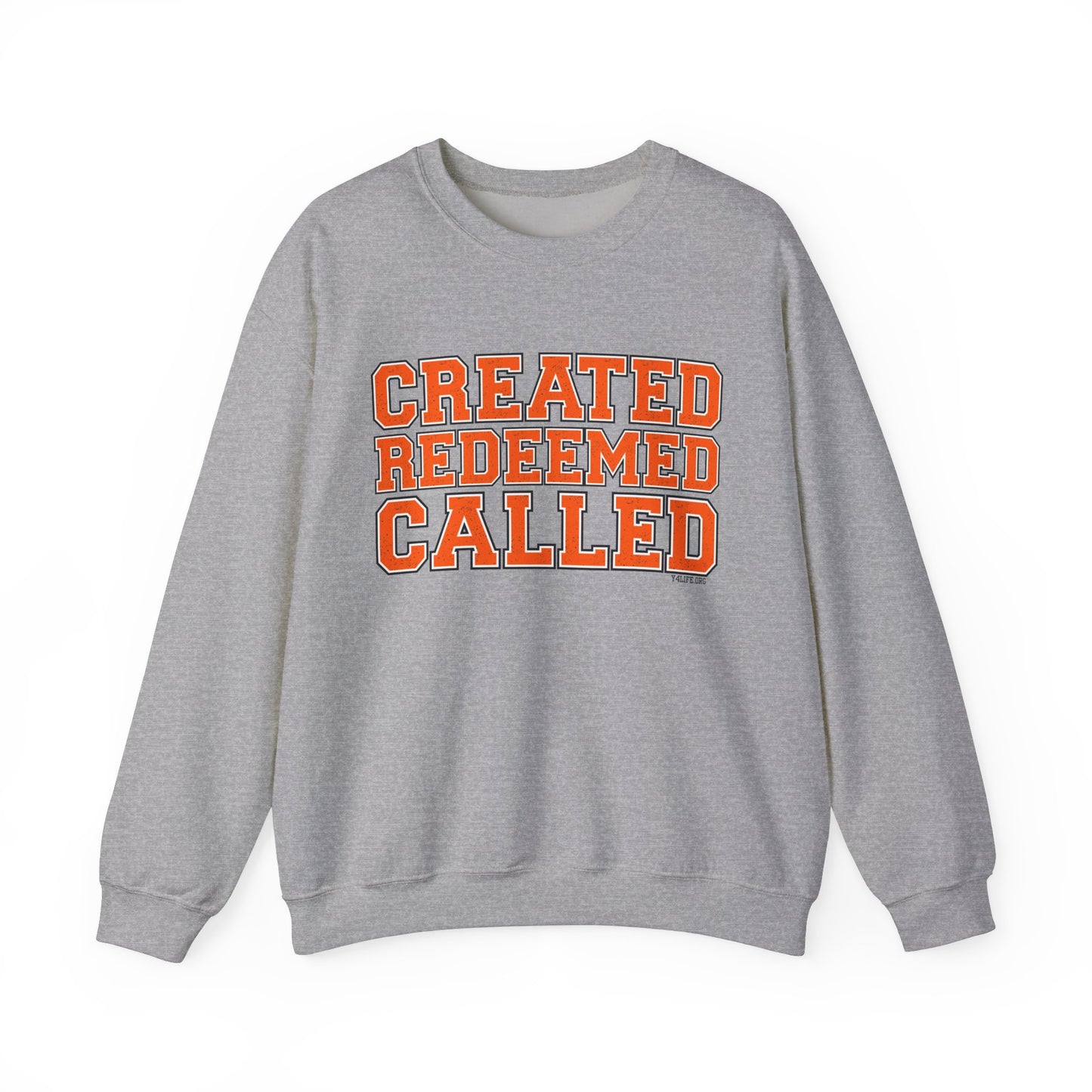 Varsity Created, Redeemed, Called (Orange) Crewneck Sweatshirt