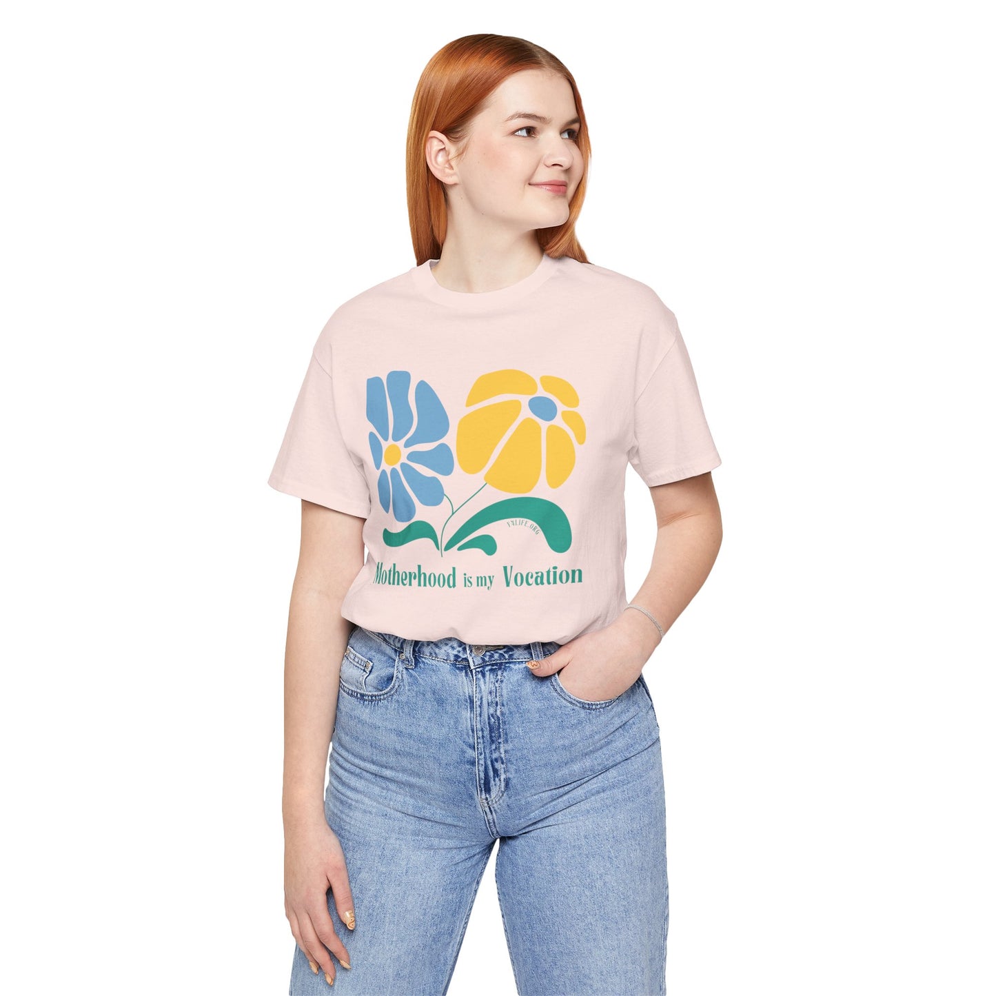 "Motherhood is my Vocation" (two flowers) Unisex Jersey Short Sleeve Tee