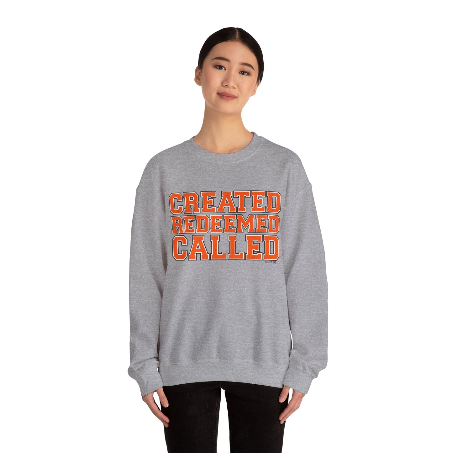 Varsity Created, Redeemed, Called (Orange) Crewneck Sweatshirt