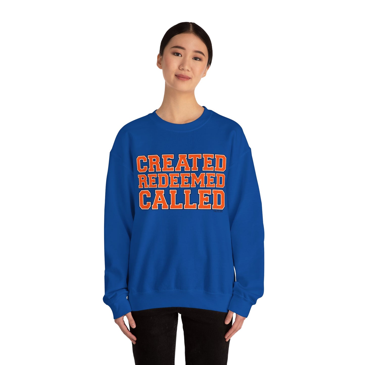 Varsity Created, Redeemed, Called (Orange) Crewneck Sweatshirt