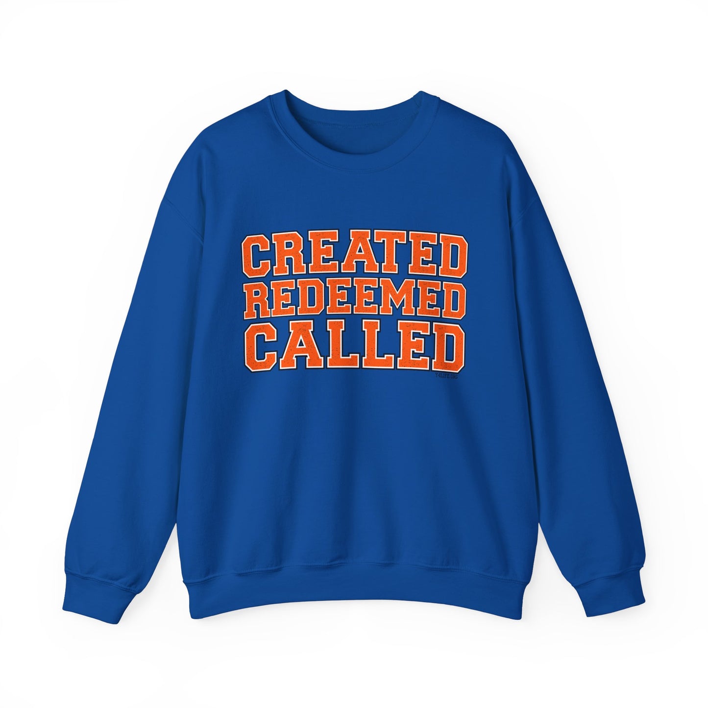 Varsity Created, Redeemed, Called (Orange) Crewneck Sweatshirt