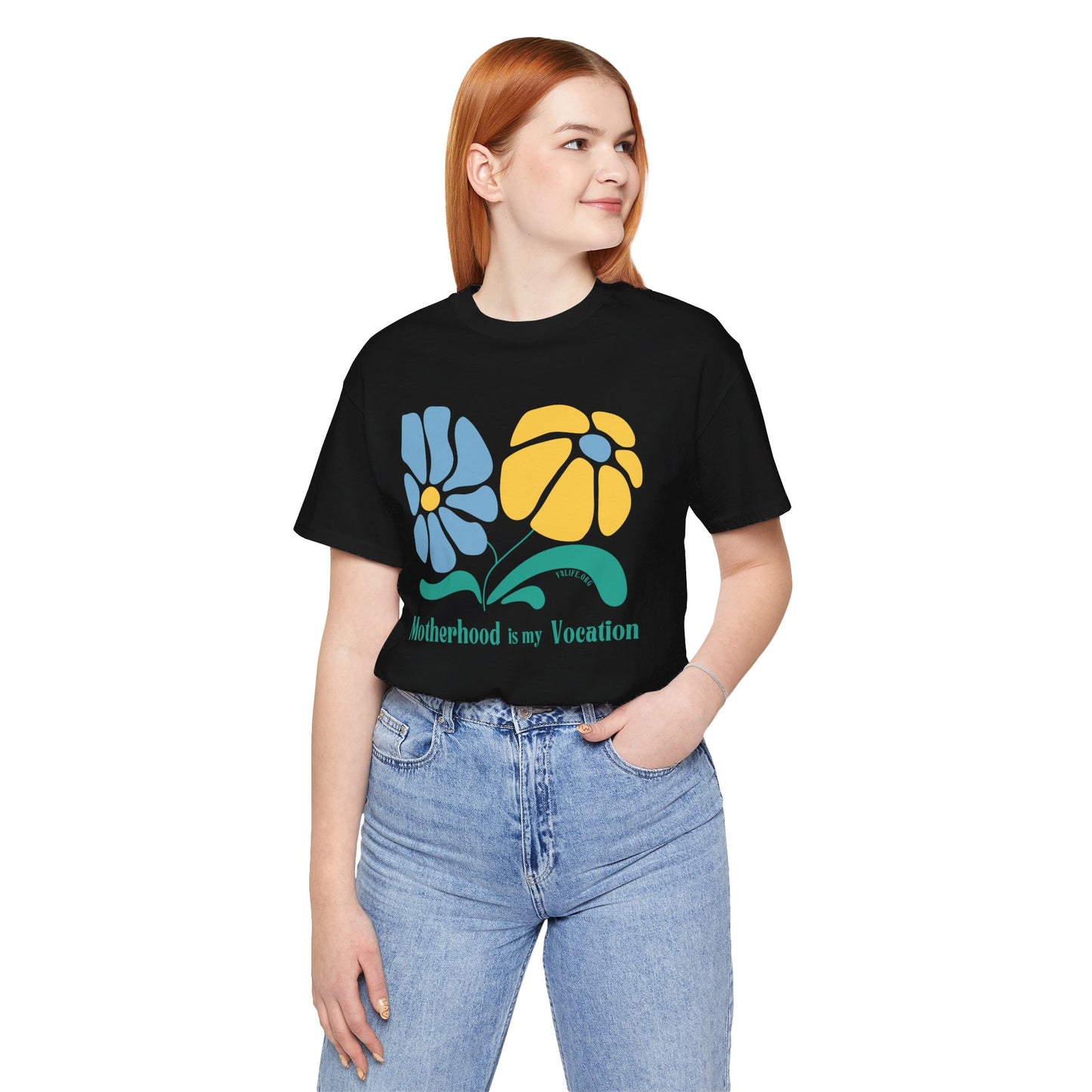 "Motherhood is my Vocation" (two flowers) Unisex Jersey Short Sleeve Tee