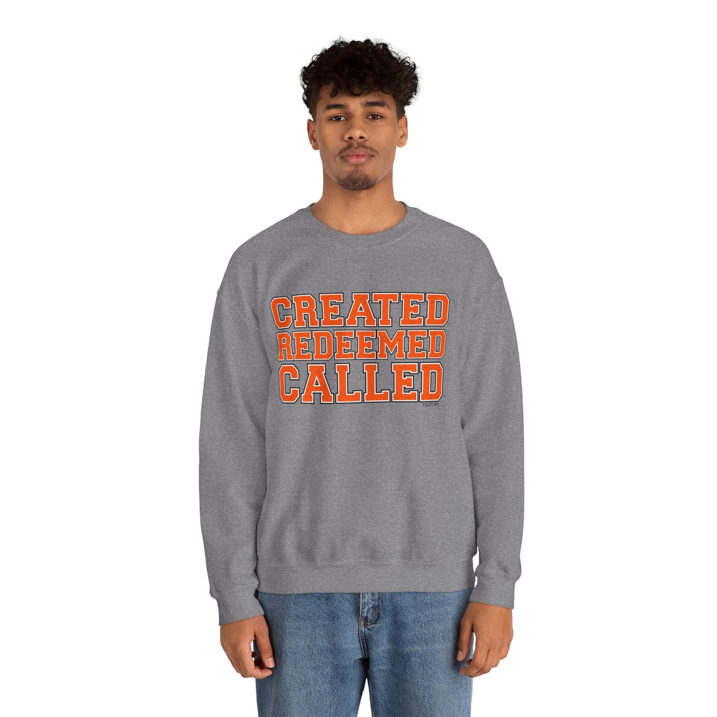 Varsity Created, Redeemed, Called (Orange) Crewneck Sweatshirt