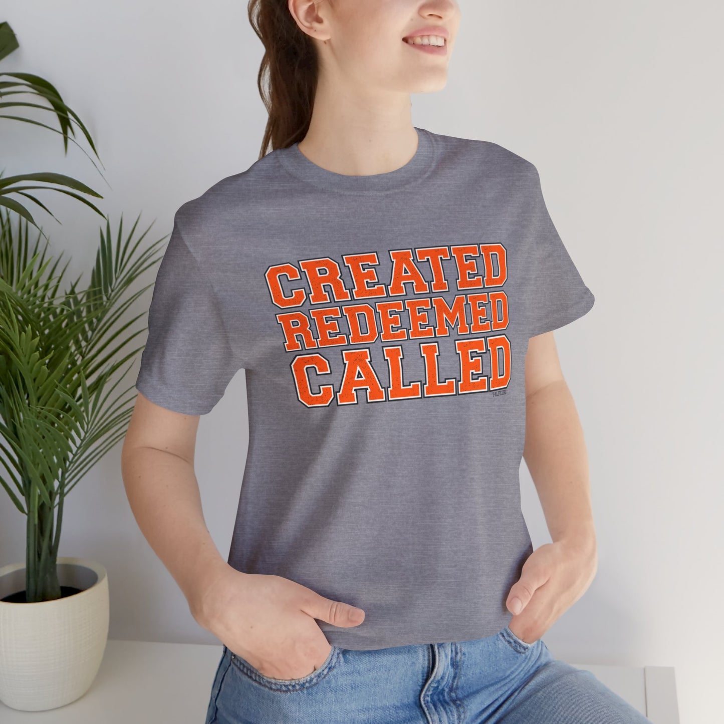 Varsity Created, Redeemed, Called (Orange) Short Sleeve T-Shirt