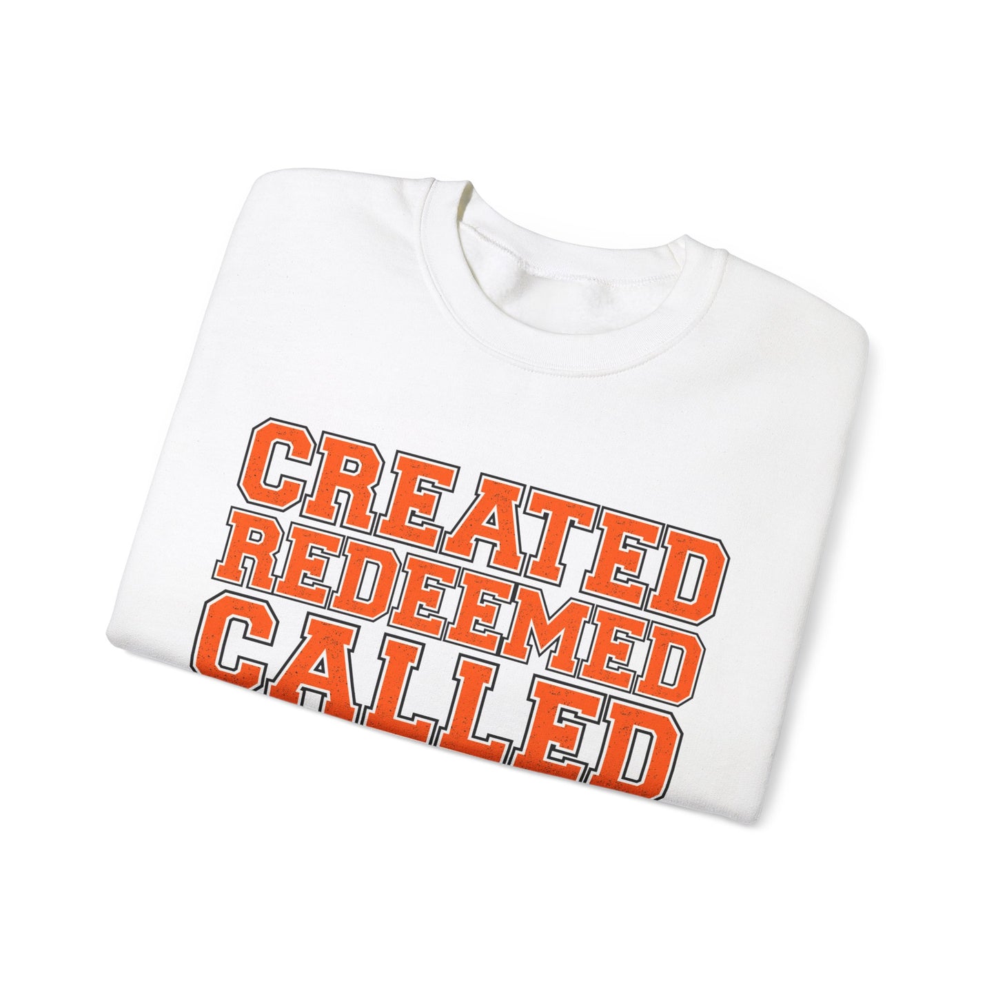 Varsity Created, Redeemed, Called (Orange) Crewneck Sweatshirt