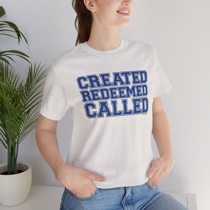 Varsity Created, Redeemed, Called (Blue) Short Sleeve T-Shirt