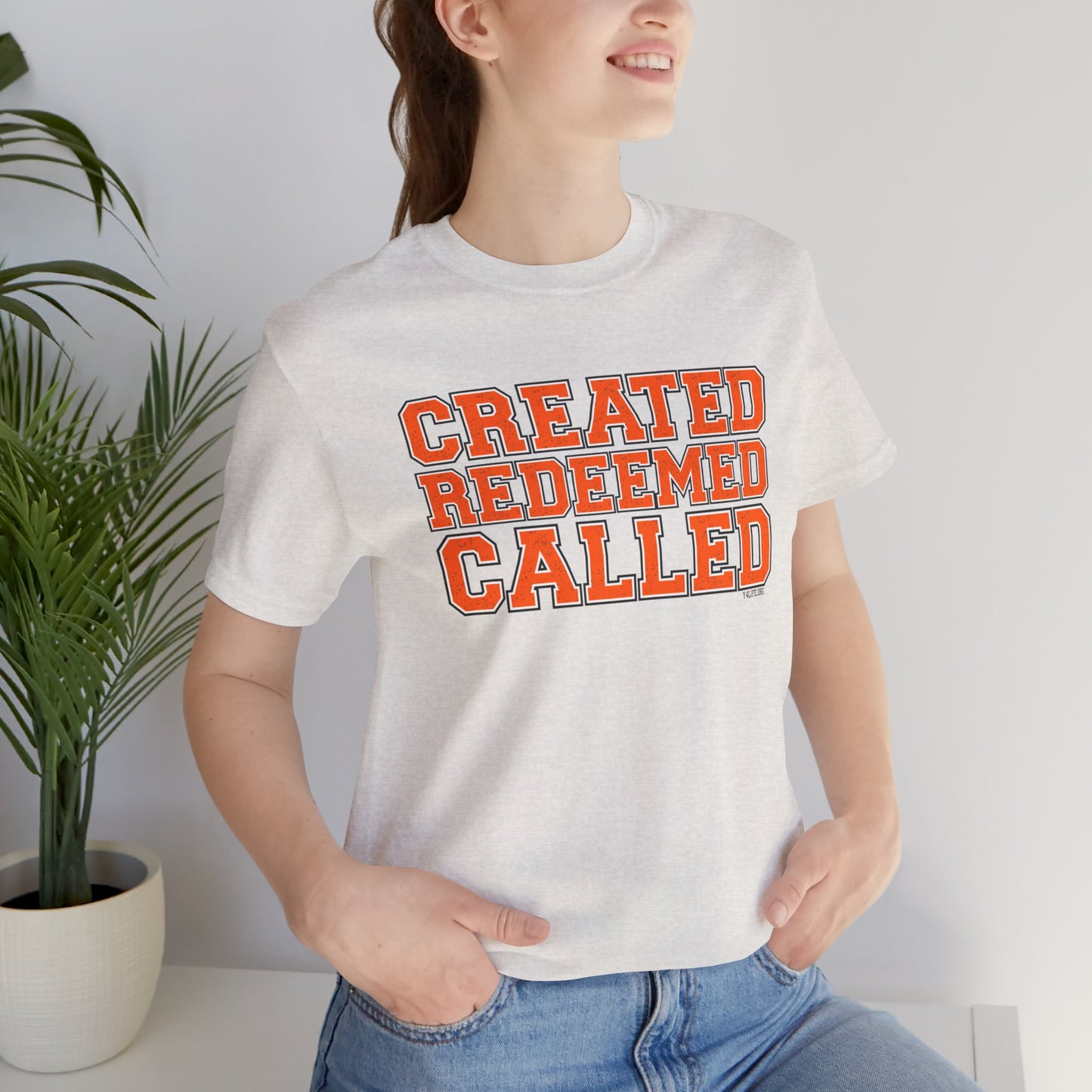 Varsity Created, Redeemed, Called (Orange) Short Sleeve T-Shirt