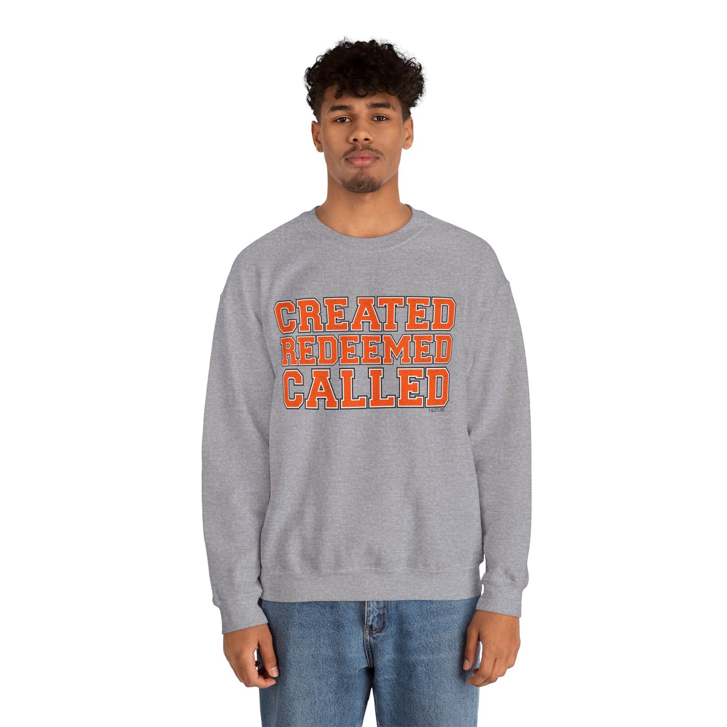 Varsity Created, Redeemed, Called (Orange) Crewneck Sweatshirt