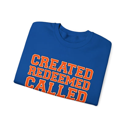 Varsity Created, Redeemed, Called (Orange) Crewneck Sweatshirt