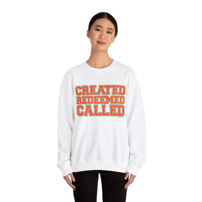 Varsity Created, Redeemed, Called (Orange) Crewneck Sweatshirt